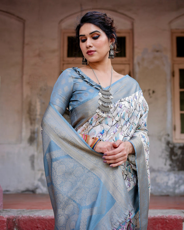 Gray Traditional Banarasi Satin Silk Saree with Stylish Tassels & With Blouse Piece