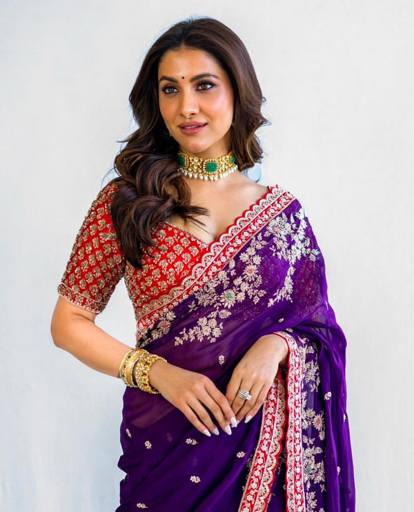 Premium Viscoss Orgenza Dori Sequence Embroidery Work Purple Saree