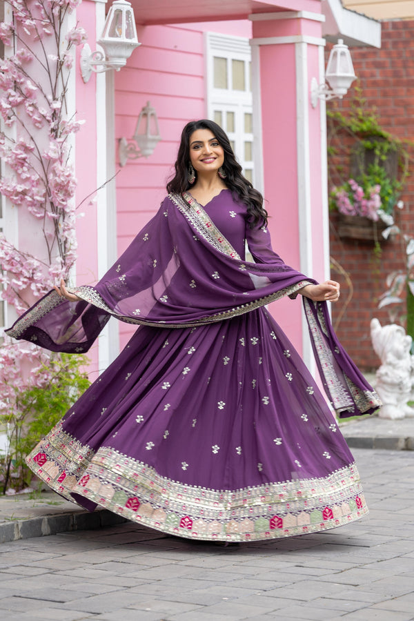 Purple Color Designer Gown In Georgette With Heavy Sequence Embroidery Work