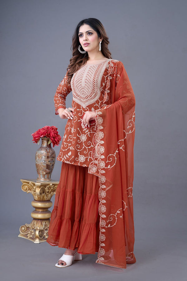 Orange Party Wear Look Top-Sharara and Dupatta With Heavy Embroidery Work