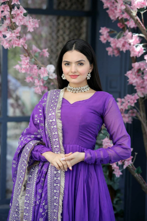 Purple Silk Anarkali Suit With Embroidered Sequins Dupatta Party Wear