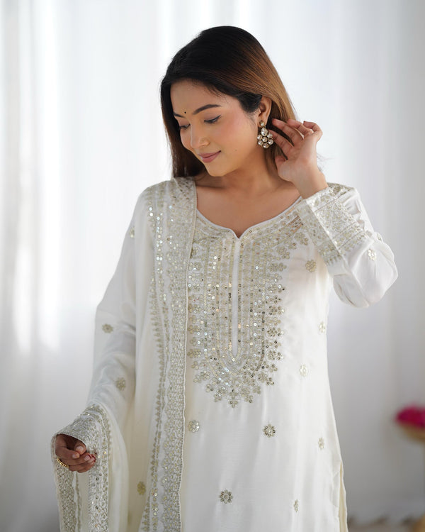 Chinnon Silk With Heavy Embroidery Sequence Work Top-Plazo And Dupatta Set