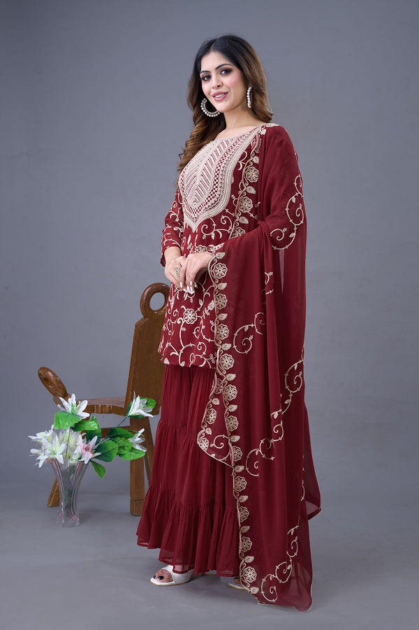 Maroon Party Wear Look Top-Sharara and Dupatta With Heavy Embroidery Work