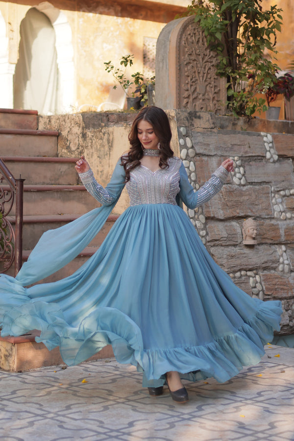 Sky Blue Elegance Embroidered Anarkali Gown