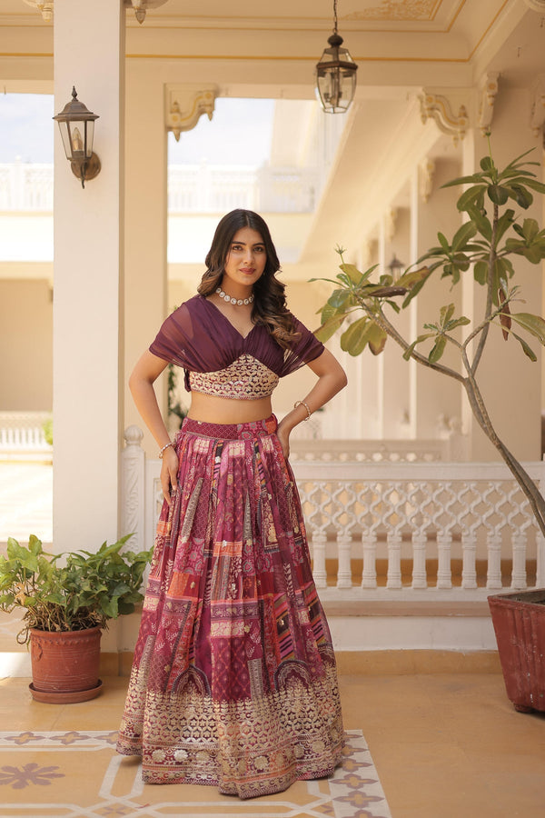 Maroon Embroidered Blouse with Printed Lehenga Set
