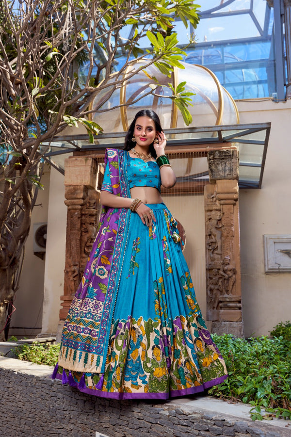 Royal Kalamkari Tussar Silk Lehenga Set in Teal & Sky-Blue