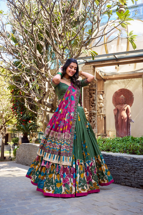 Royal Kalamkari Tussar Silk Lehenga Set in Olive Green & Rani Pink