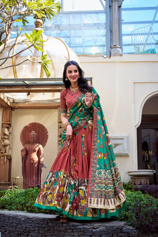 Traditional Kalamkari Tussar Silk Lehenga Set in Rust & Emerald Green