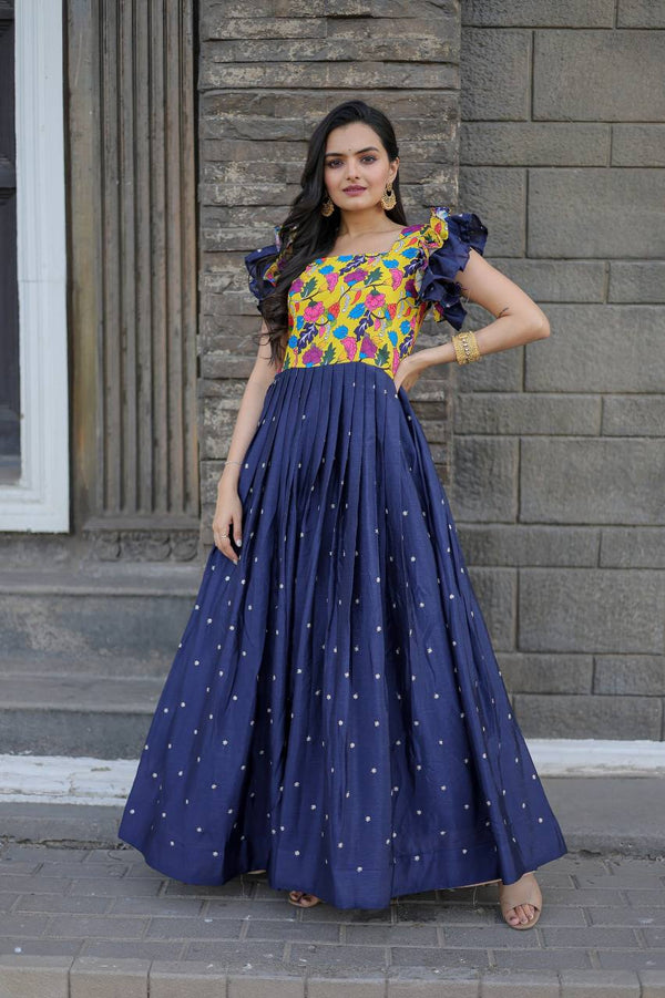 Printed Blue Muslin Trendy Gown