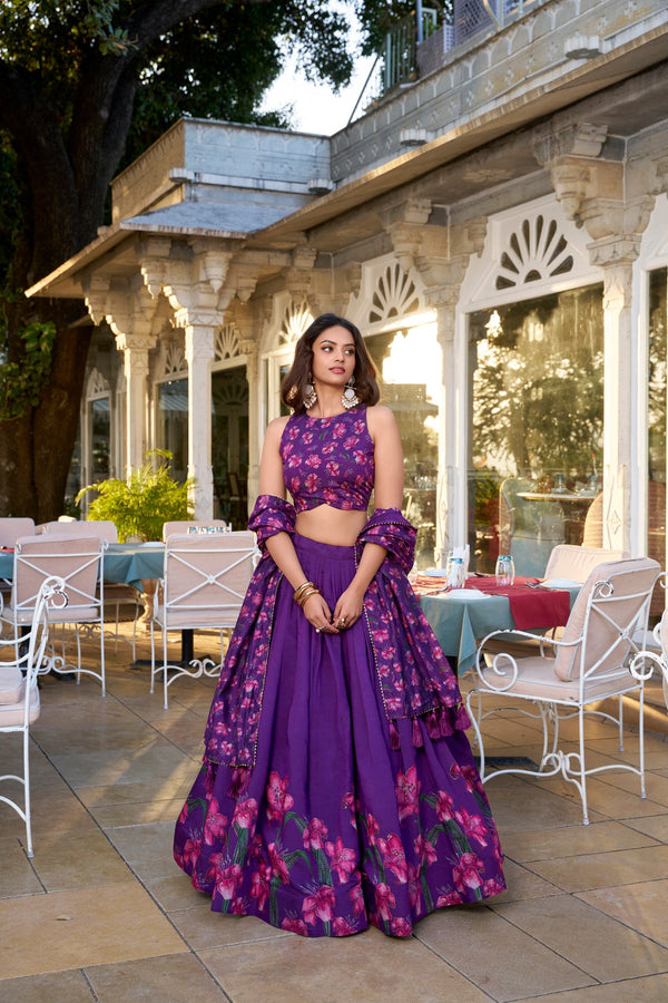 Purple Tussar Silk Floral Printed Lehenga with Foil Work & Tassel-Detailed Dupatta