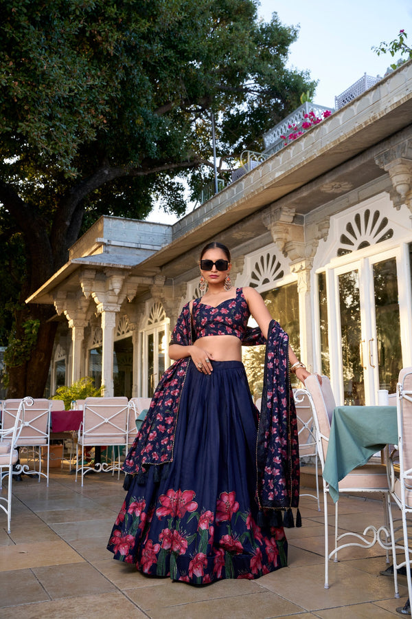 Navy Blue Tussar Silk Floral Printed Lehenga with Foil Work & Tassel-Detailed Dupatta