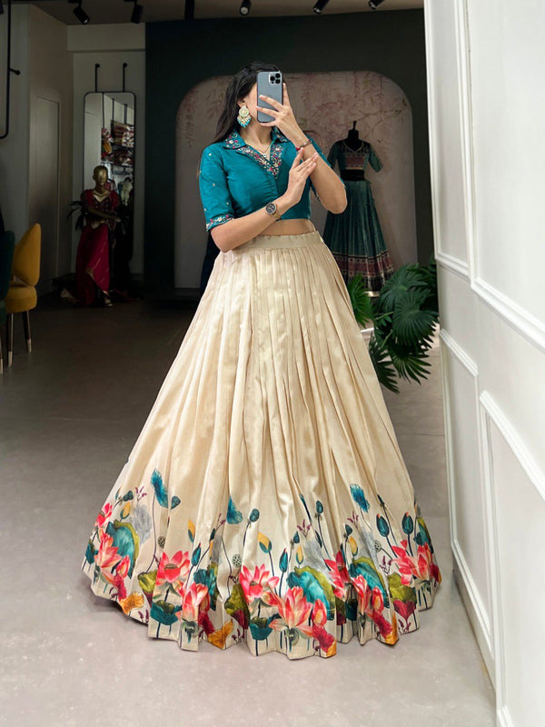 Off White Unfold the Beauty of Tussar Florals – Elegant Floral Print Tussar Silk Lehenga