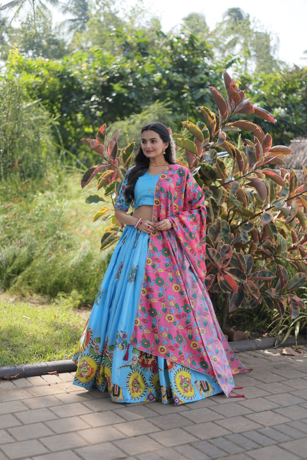 Sky blue Printed Silk Lehenga Set