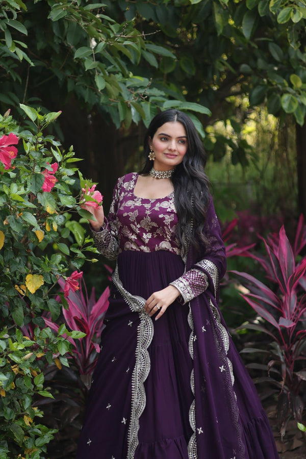 Wine Sequin Embroidered Faux Blooming Gown With Dupatta