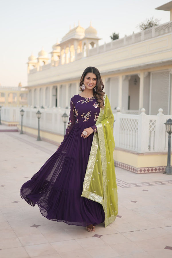 Purple Sequin Embroidered Faux Georgette Gown With Dupatta