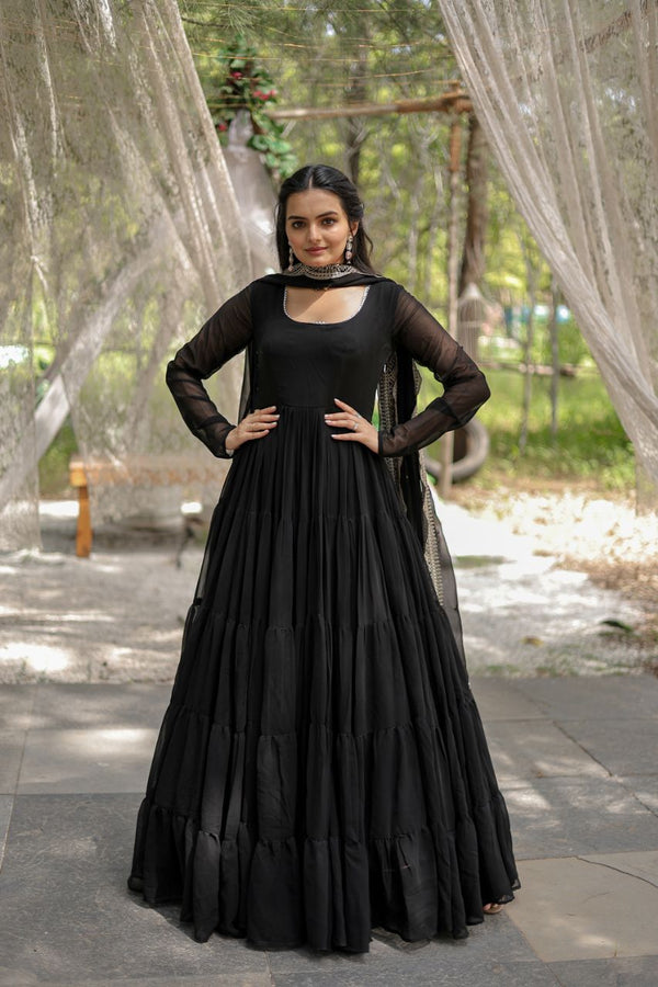 Black Georgette Reception Wear Plain Gown With Dupatta