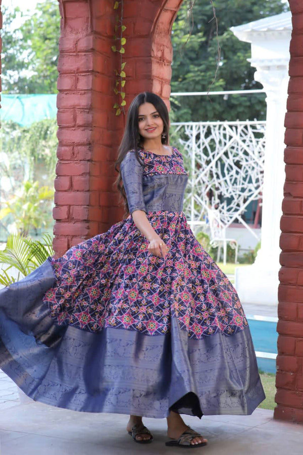 Geometric Print Round-Neck Gown (Blue)