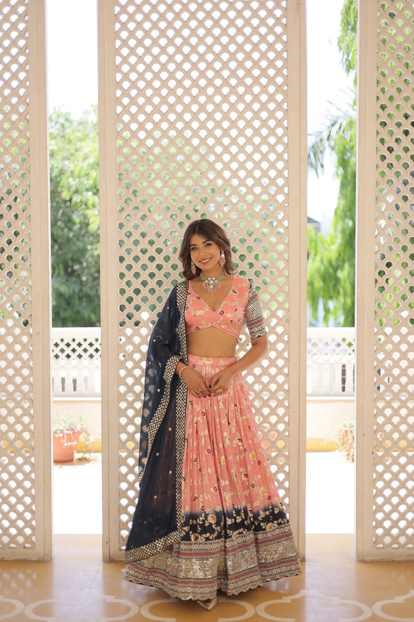 Peach Viscose Jacquard Sequin Embroidered Lehenga Set