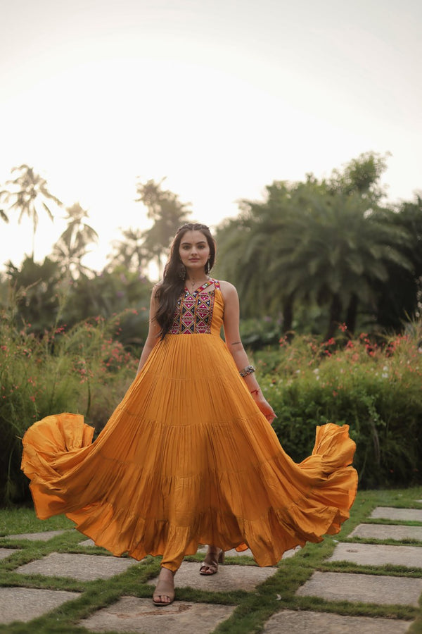 Yellow Gamthi Work Rayon Navratri Wear Gown