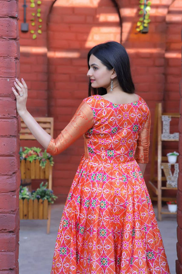Geometric Print Round-Neck Gown (Orange)