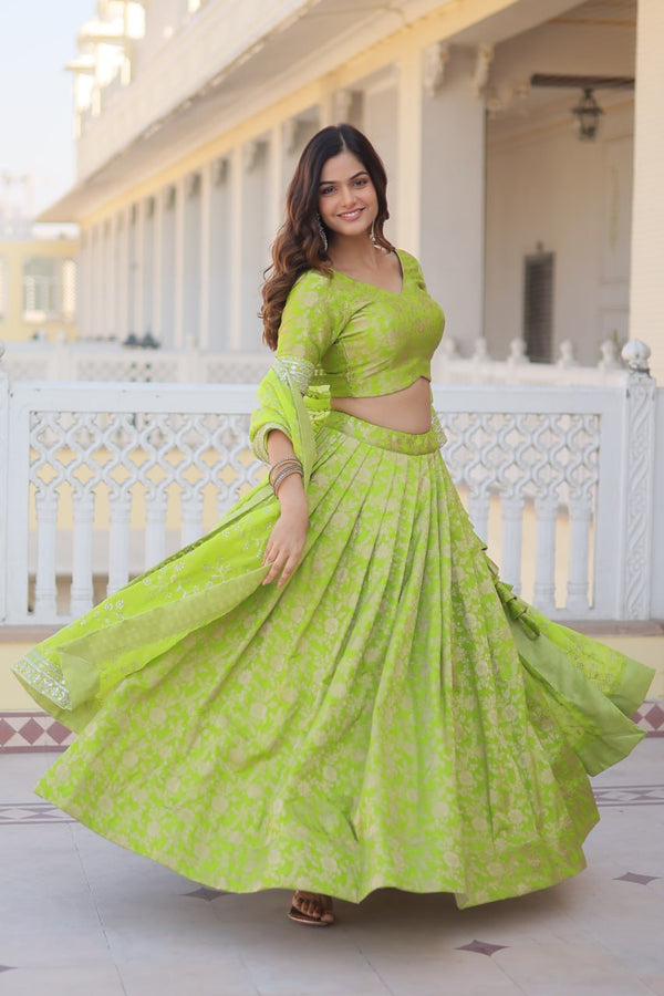 Attractive Bright Green Embroidered Jacquard Lehenga Choli