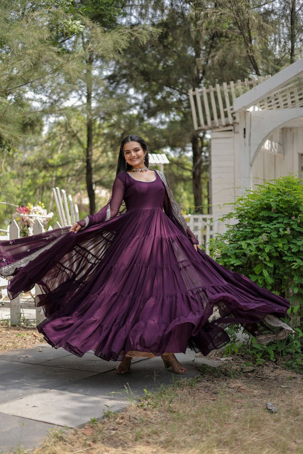Wine Georgette Reception Wear Plain Gown With Dupatta