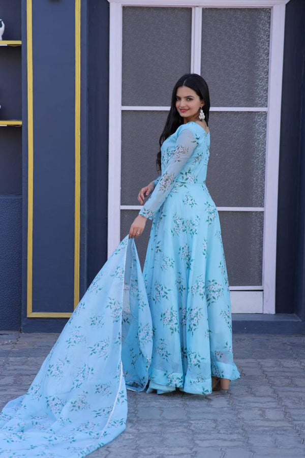Premium Designer Silk With Flower Print Gown